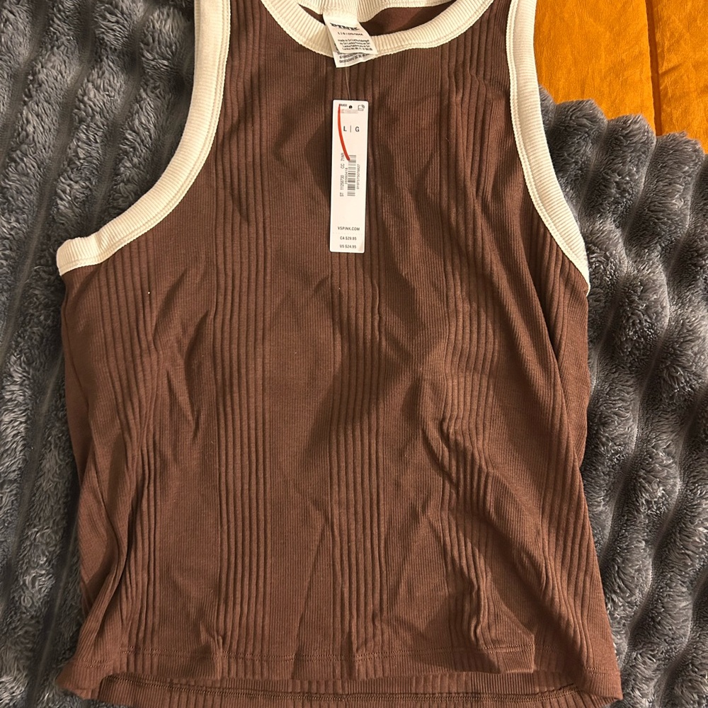 PINK Victoria's Secret Brown Tank Top with Cream Trim